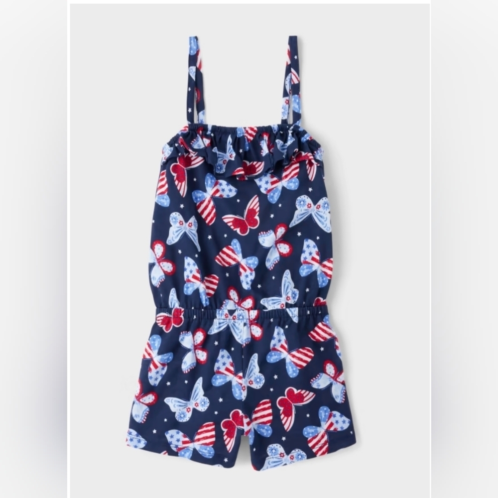 PLACE Girls Sleeveless Americana Butterfly Print Knit Ruffle Romper - Blue - 5/6